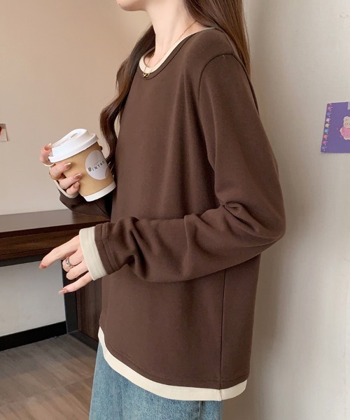 SallyLunn(サリーラン)の「レイヤード風配色クルーネックトップス(Tシャツ/カットソー・レディース・ブラック/ブラウン・LARGE/MEDIUM)」の7枚目の写真