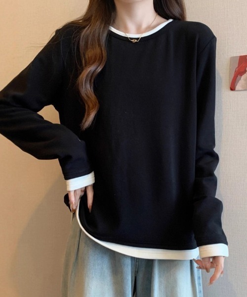 SallyLunn(サリーラン)の「レイヤード風配色クルーネックトップス(Tシャツ/カットソー・レディース・ブラック/ブラウン・LARGE/MEDIUM)」の10枚目の写真