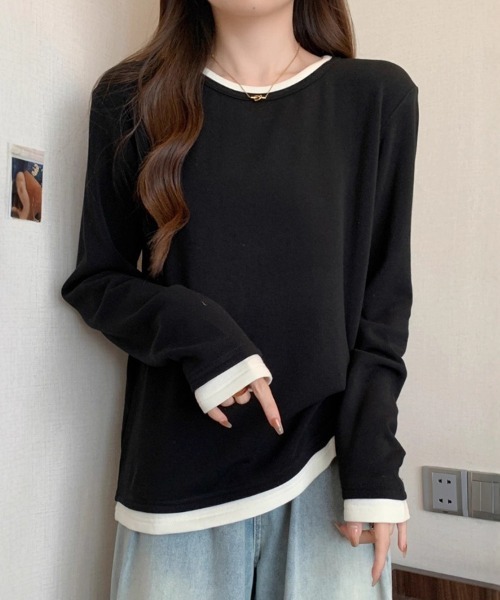 SallyLunn(サリーラン)の「レイヤード風配色クルーネックトップス(Tシャツ/カットソー・レディース・ブラック/ブラウン・LARGE/MEDIUM)」の12枚目の写真