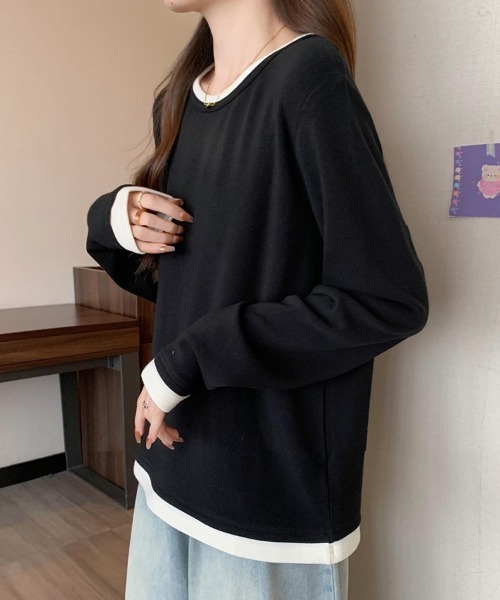 SallyLunn(サリーラン)の「レイヤード風配色クルーネックトップス(Tシャツ/カットソー・レディース・ブラック/ブラウン・LARGE/MEDIUM)」の13枚目の写真