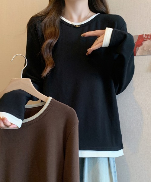 SallyLunn(サリーラン)の「レイヤード風配色クルーネックトップス(Tシャツ/カットソー・レディース・ブラック/ブラウン・LARGE/MEDIUM)」の14枚目の写真