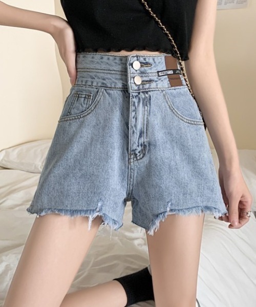 Teem Store（チームストア）の「ダブルボタンダメージ加工ショートパンツ（デニムパンツ・レディース・ブルー/ブラック・L/M）」の10枚目の写真