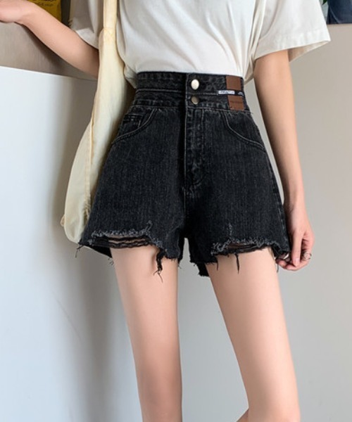 Teem Store（チームストア）の「ダブルボタンダメージ加工ショートパンツ（デニムパンツ・レディース・ブルー/ブラック・L/M）」の3枚目の写真