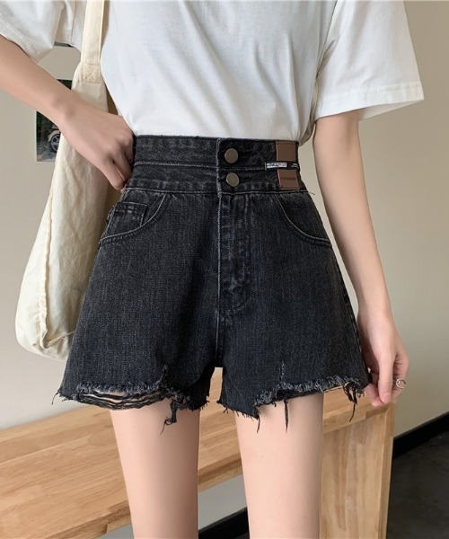 Teem Store（チームストア）の「ダブルボタンダメージ加工ショートパンツ（デニムパンツ・レディース・ブルー/ブラック・L/M）」の5枚目の写真