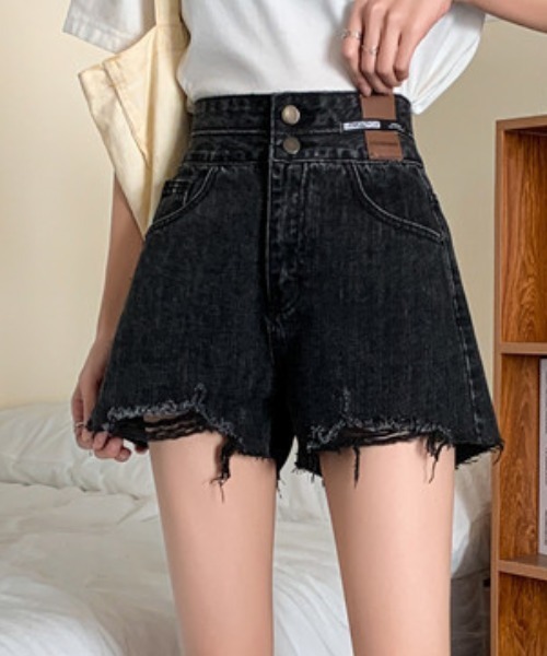 Teem Store（チームストア）の「ダブルボタンダメージ加工ショートパンツ（デニムパンツ・レディース・ブルー/ブラック・L/M）」の7枚目の写真