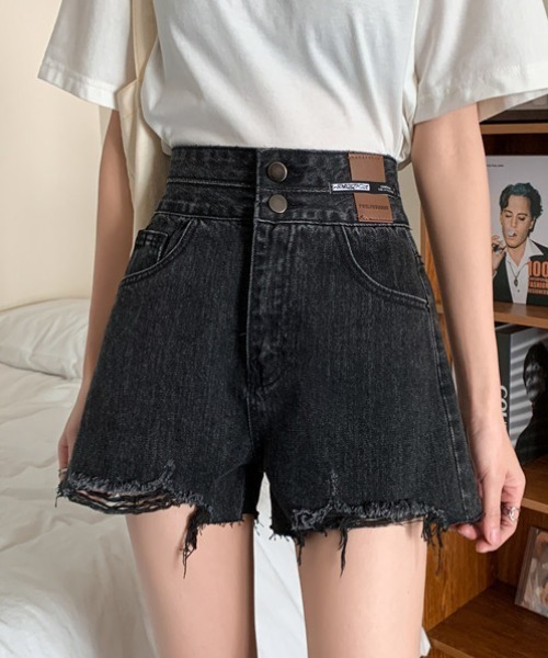 Teem Store（チームストア）の「ダブルボタンダメージ加工ショートパンツ（デニムパンツ・レディース・ブルー/ブラック・L/M）」の9枚目の写真