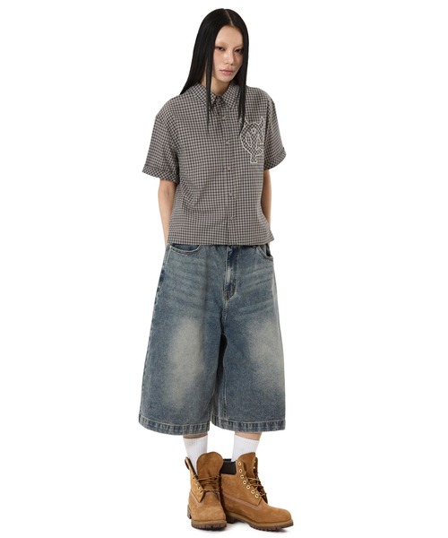 OY（オーワイ）の「『OY/オーワイ』STAMPED CHECK LOGO S/S SHIRT /スタンプチェックロゴ シャツ（シャツ/ブラウス・メンズ・ブラウン/ネイビー・L/M）」の4枚目の写真