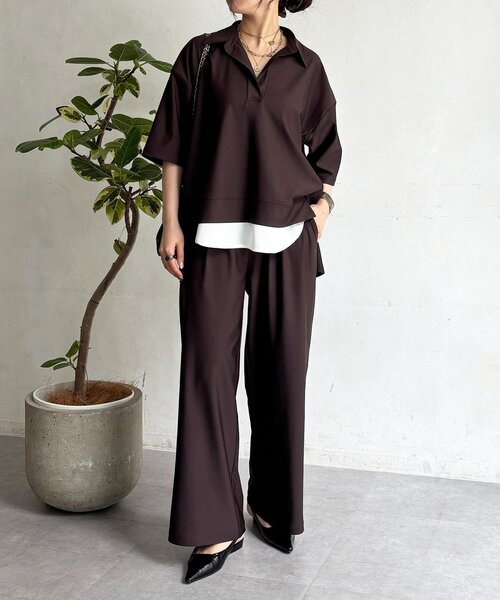 un dix cors（アンディコール）の「スキッパーシャツ×パンツセットアップ（つなぎ/オールインワン・レディース・ブラウン/ブラック/ライトベージュ・FREE）」の18枚目の写真