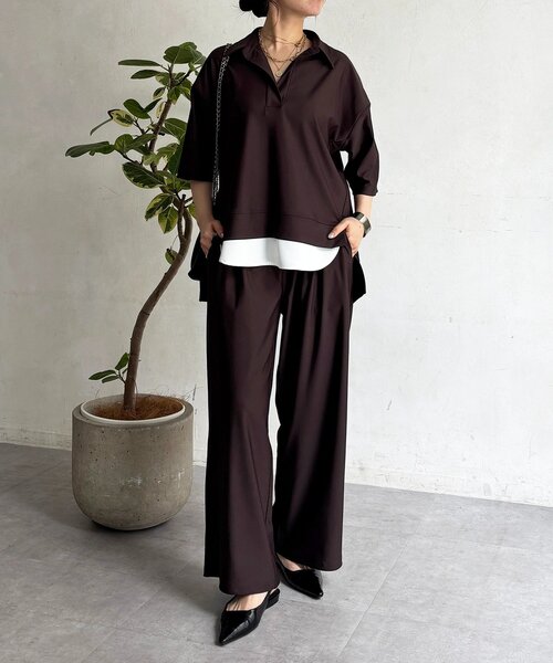 un dix cors（アンディコール）の「スキッパーシャツ×パンツセットアップ（つなぎ/オールインワン・レディース・ブラウン/ブラック/ライトベージュ・FREE）」の21枚目の写真