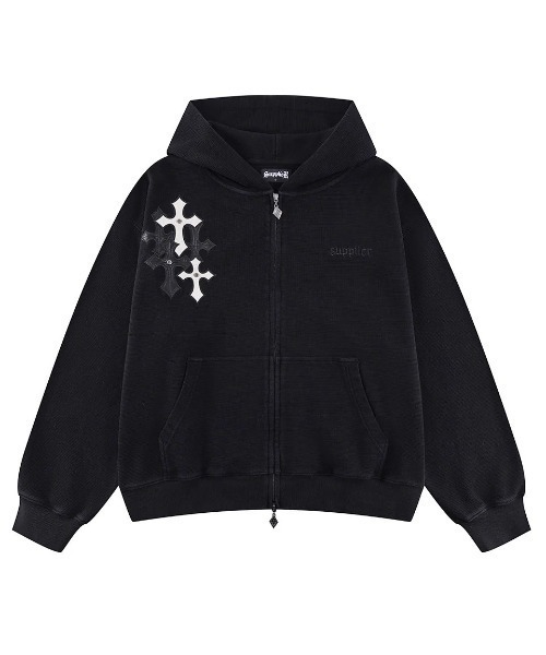 SUPPLIER(サプライヤー)の「A'GEM/9 × .kom 『SUPPLIER/サプライヤー』Multiple Cross Leather Patch Thermal Zip Hoodie/マルチプルクロスレザーパッチサーマルジップパーカー(パーカー・メンズ・ピンク/ブラック・L/XL)」の9枚目の写真