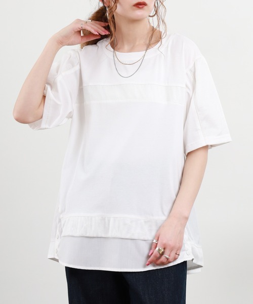 EGLANTINE(エグランティーヌ)の「EGLANTINE 接触冷感 メッシュ切り替え半袖カットソー(Tシャツ/カットソー・レディース・シルバーグレー/オフホワイト/ブラック・38)」の2枚目の写真