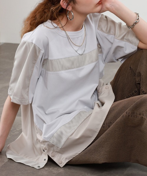 EGLANTINE(エグランティーヌ)の「EGLANTINE 接触冷感 メッシュ切り替え半袖カットソー(Tシャツ/カットソー・レディース・シルバーグレー/オフホワイト/ブラック・38)」の3枚目の写真