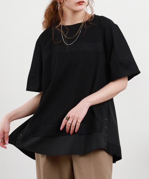 EGLANTINE(エグランティーヌ)の「EGLANTINE 接触冷感 メッシュ切り替え半袖カットソー(Tシャツ/カットソー・レディース・シルバーグレー/オフホワイト/ブラック・38)」の1枚目の写真