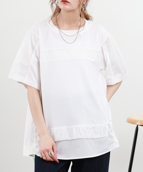 EGLANTINE(エグランティーヌ)の「EGLANTINE 接触冷感 メッシュ切り替え半袖カットソー(Tシャツ/カットソー・レディース・シルバーグレー/オフホワイト/ブラック・38)」の4枚目の写真