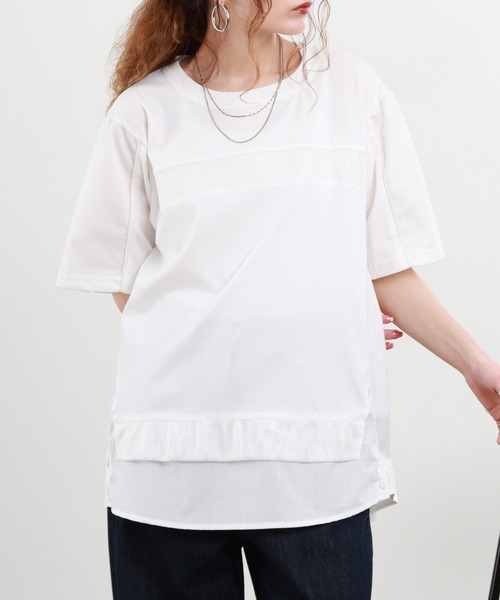 EGLANTINE(エグランティーヌ)の「EGLANTINE 接触冷感 メッシュ切り替え半袖カットソー(Tシャツ/カットソー・レディース・シルバーグレー/オフホワイト/ブラック・38)」の5枚目の写真