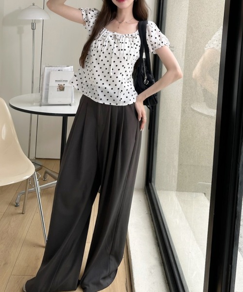 Ada.（エイダ）の「ドット柄 2WAY オフショルダー フロントリボン ギャザー ブラウス（シャツ/ブラウス・レディース・ホワイト/アイボリー/ブラック・FREE）」の6枚目の写真