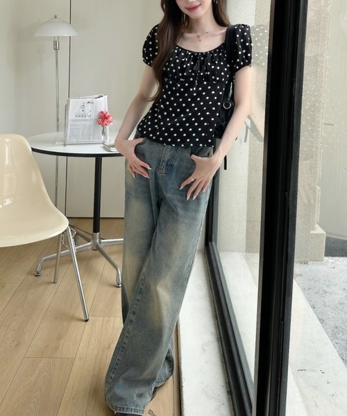 Ada.（エイダ）の「ドット柄 2WAY オフショルダー フロントリボン ギャザー ブラウス（シャツ/ブラウス・レディース・ホワイト/アイボリー/ブラック・FREE）」の16枚目の写真