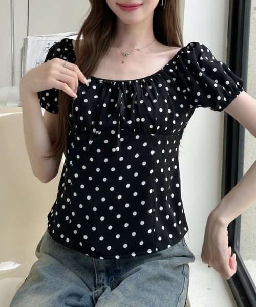 Ada.（エイダ）の「ドット柄 2WAY オフショルダー フロントリボン ギャザー ブラウス（シャツ/ブラウス・レディース・ホワイト/アイボリー/ブラック・FREE）」の19枚目の写真