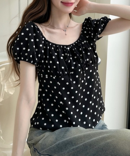 Ada.（エイダ）の「ドット柄 2WAY オフショルダー フロントリボン ギャザー ブラウス（シャツ/ブラウス・レディース・ホワイト/アイボリー/ブラック・FREE）」の15枚目の写真