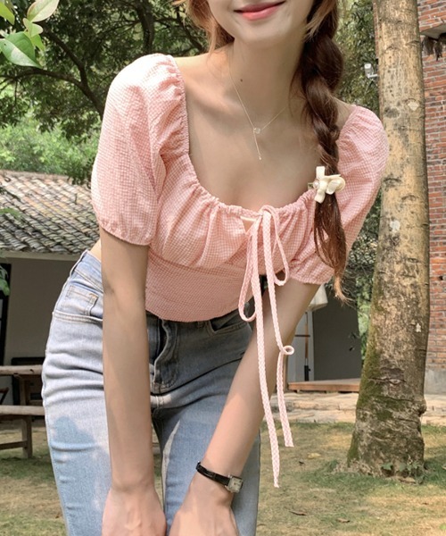 REMUR（レミュール）の「ギンガムチェック柄オフショルトップス 2WAY（Tシャツ/カットソー・レディース・ブラック/ピンク・FREE）」の11枚目の写真
