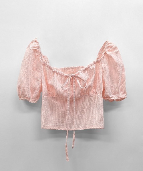 REMUR（レミュール）の「ギンガムチェック柄オフショルトップス 2WAY（Tシャツ/カットソー・レディース・ブラック/ピンク・FREE）」の16枚目の写真
