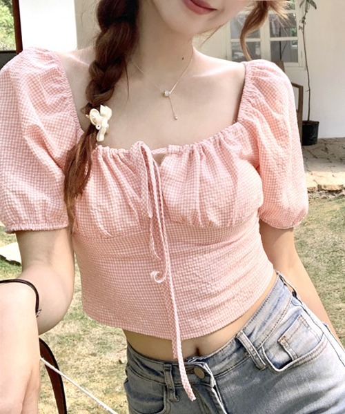 REMUR（レミュール）の「ギンガムチェック柄オフショルトップス 2WAY（Tシャツ/カットソー・レディース・ブラック/ピンク・FREE）」の9枚目の写真