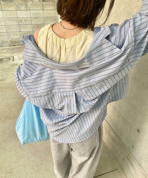 ISOOK(アイスー)の「ピーチスキンストライプシャツ(kiharu select) / 長袖 ブラウス オーバー ルーズ 青シャツ(シャツ/ブラウス・レディース・ライトブルー/ピンク・FREE)」の7枚目の写真