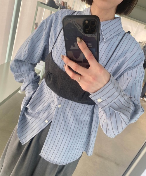 ISOOK(アイスー)の「ピーチスキンストライプシャツ(kiharu select) / 長袖 ブラウス オーバー ルーズ 青シャツ(シャツ/ブラウス・レディース・ライトブルー/ピンク・FREE)」の8枚目の写真