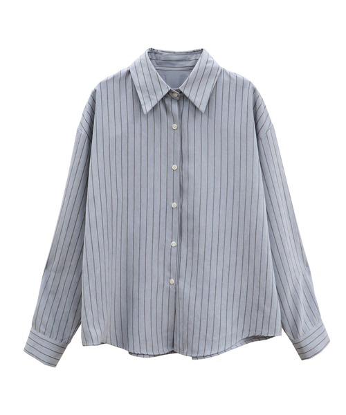 ISOOK(アイスー)の「ピーチスキンストライプシャツ(kiharu select) / 長袖 ブラウス オーバー ルーズ 青シャツ(シャツ/ブラウス・レディース・ライトブルー/ピンク・FREE)」の4枚目の写真