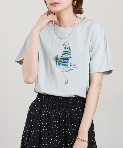 Anna Nicola(アンナニコラ)の「Anna Nicola モデルモチーフ半袖Tシャツ(Tシャツ/カットソー・レディース・サックスブルー/オフホワイト/ブラック・38)」の1枚目の写真