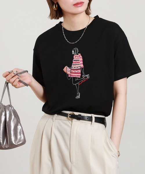 Anna Nicola(アンナニコラ)の「Anna Nicola モデルモチーフ半袖Tシャツ(Tシャツ/カットソー・レディース・サックスブルー/オフホワイト/ブラック・38)」の3枚目の写真