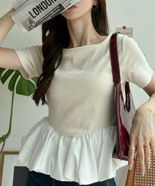 Ada.（エイダ）の「異素材切替 バイカラー ペプラム カットソー（Tシャツ/カットソー・レディース・ブラック×ホワイト/ホワイト系その他/アイボリー/ブラック・FREE）」の8枚目の写真