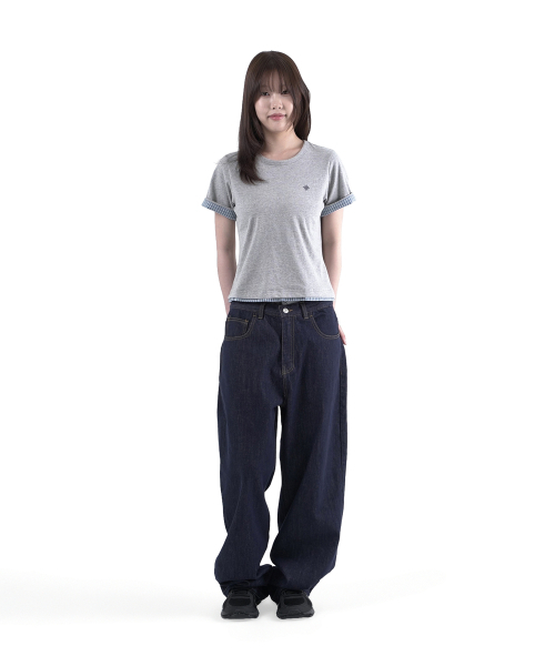 SLOW RECORD HOUSE（スローレコードハウス）の「レイヤードチェックロールアップTシャツ_グレー（Tシャツ/カットソー・レディース・ライトグレー・1/2）」の8枚目の写真