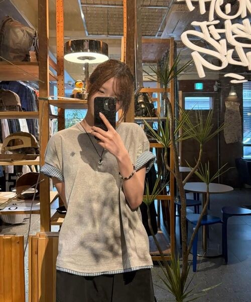 SLOW RECORD HOUSE（スローレコードハウス）の「レイヤードチェックロールアップTシャツ_グレー（Tシャツ/カットソー・レディース・ライトグレー・1/2）」の14枚目の写真