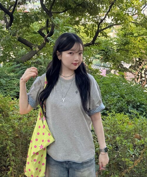 SLOW RECORD HOUSE（スローレコードハウス）の「レイヤードチェックロールアップTシャツ_グレー（Tシャツ/カットソー・レディース・ライトグレー・1/2）」の17枚目の写真