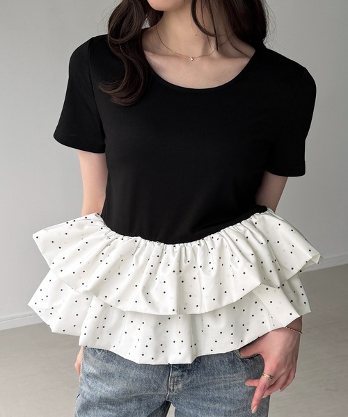 junoah(ジュノア)の「ドットバルーンフリルペプラムトップス(Tシャツ/カットソー・レディース・ブラック系その他/ホワイト/ブラック系その他2・SMALL/MEDIUM/LARGE)」の1枚目の写真