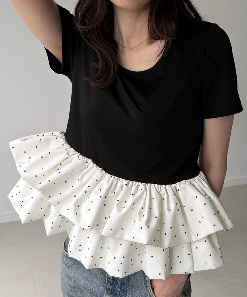 junoah(ジュノア)の「ドットバルーンフリルペプラムトップス(Tシャツ/カットソー・レディース・ブラック系その他/ホワイト/ブラック系その他2・SMALL/MEDIUM/LARGE)」の4枚目の写真