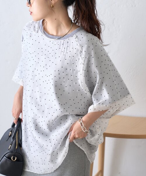 CIAOPANIC TYPY（チャオパニックティピー）の「【WEB限定】ドットオーガンジードッキングTシャツ（Tシャツ/カットソー・レディース・グレー/アイボリー/ブラック・ONE SIZE）」の6枚目の写真