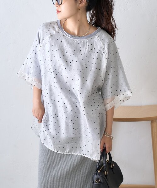 CIAOPANIC TYPY（チャオパニックティピー）の「【WEB限定】ドットオーガンジードッキングTシャツ（Tシャツ/カットソー・レディース・グレー/アイボリー/ブラック・ONE SIZE）」の7枚目の写真