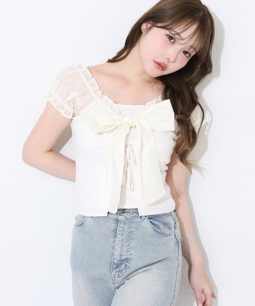 セール】異素材ドッキングリボントップス（Tシャツ/カットソー）｜one
