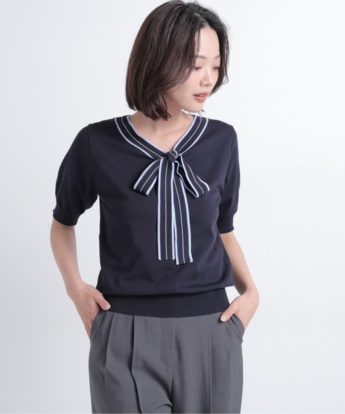 NATURAL BEAUTY BASIC(ナチュラルビューティーベーシック)の「バイカラーリボンニット(ニット/セーター・レディース・ブラック系その他2/ホワイト系その他/ネイビー系・フリ-)」の3枚目の写真