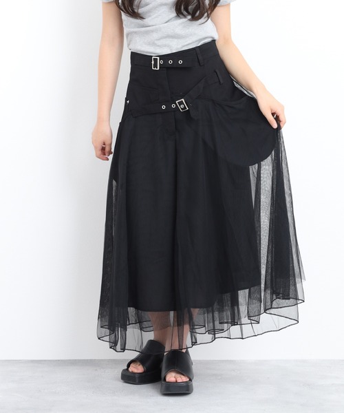 crossi(クロッシー)の「ベルト付シアーオーガンジー切替ロングフレアスカート(スカート・レディース・ブラック・40)」の8枚目の写真