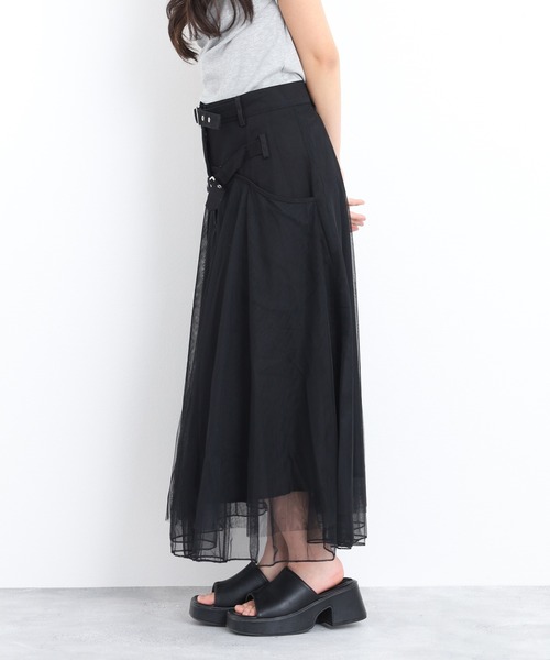 crossi(クロッシー)の「ベルト付シアーオーガンジー切替ロングフレアスカート(スカート・レディース・ブラック・40)」の9枚目の写真