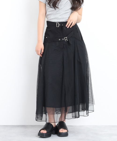 crossi(クロッシー)の「ベルト付シアーオーガンジー切替ロングフレアスカート(スカート・レディース・ブラック・40)」の2枚目の写真