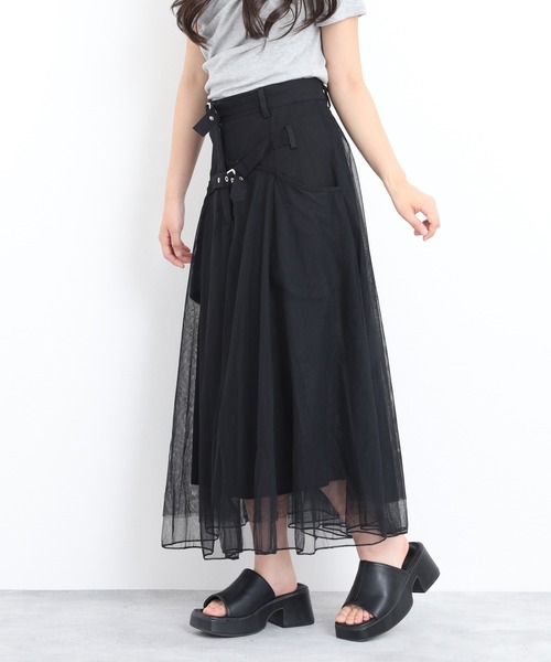 crossi(クロッシー)の「ベルト付シアーオーガンジー切替ロングフレアスカート(スカート・レディース・ブラック・40)」の3枚目の写真