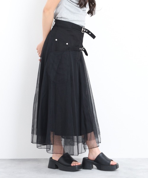 crossi(クロッシー)の「ベルト付シアーオーガンジー切替ロングフレアスカート(スカート・レディース・ブラック・40)」の5枚目の写真
