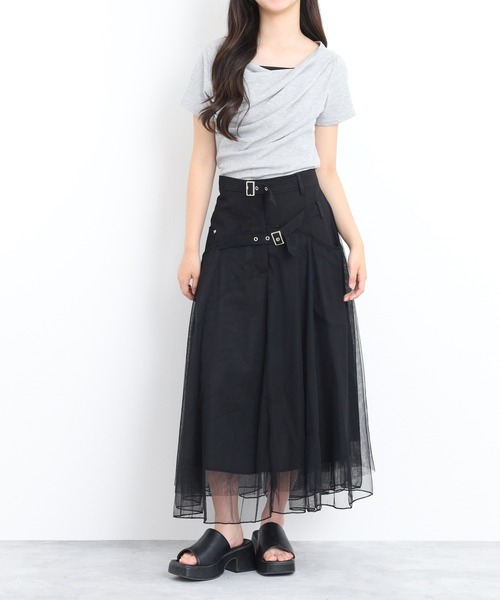 crossi(クロッシー)の「ベルト付シアーオーガンジー切替ロングフレアスカート(スカート・レディース・ブラック・40)」の6枚目の写真