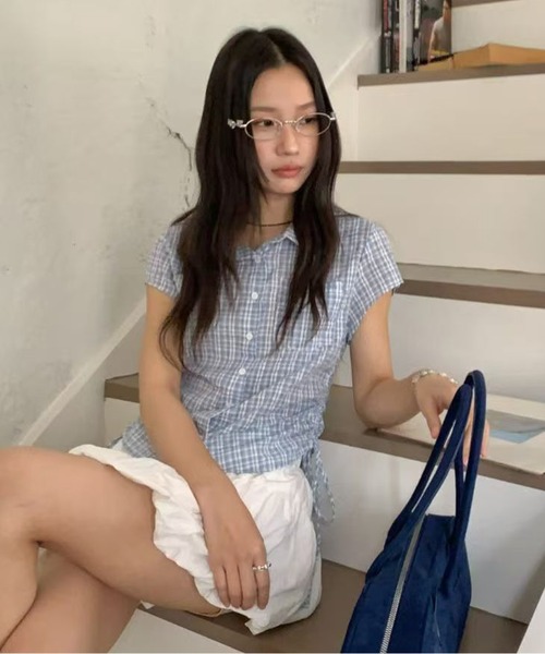 HALEY PESCA(ヘーリーペスカ)の「HALEY PESCA/サイドドロスト チェック柄半袖シャツ(シャツ/ブラウス・レディース・ブラック/ライトブルー/イエロー系その他・FREE)」の5枚目の写真
