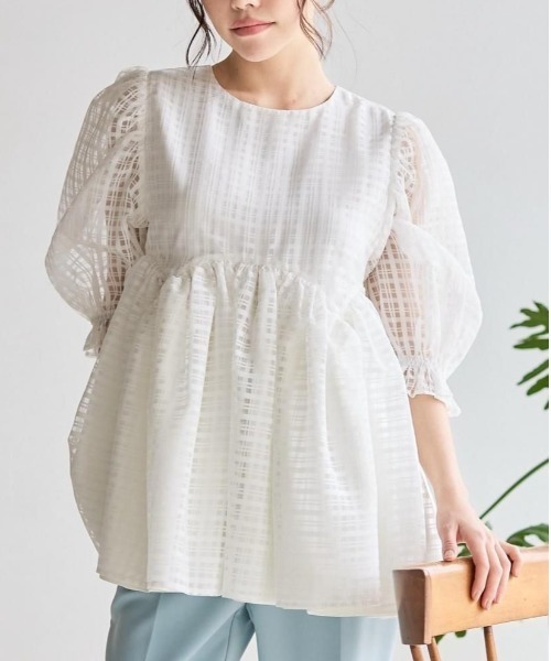 BIRTHDAY BASH（バースデイバッシュ）の「SHEER CHECK PEPLUM TOPS（シアーチェックぺプラムトップス）（シャツ/ブラウス・レディース・ホワイト/イエロー・FREE）」の2枚目の写真