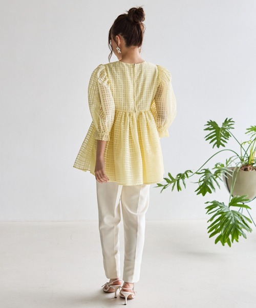 BIRTHDAY BASH（バースデイバッシュ）の「SHEER CHECK PEPLUM TOPS（シアーチェックぺプラムトップス）（シャツ/ブラウス・レディース・ホワイト/イエロー・FREE）」の8枚目の写真